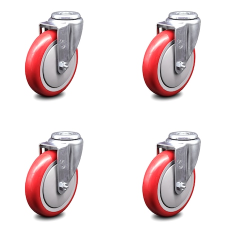 Service Caster 5 Inch Red Polyurethane Wheel Swivel Bolt Hole Caster Set SCC-BH20S514-PPUB-RED-4